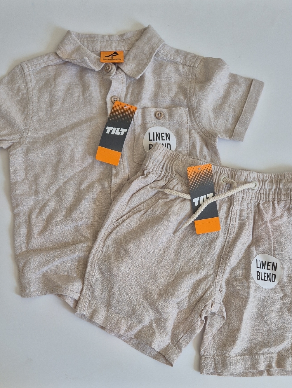 TILT Linen Blend Kids Polo & Shorts Set in Light Beige